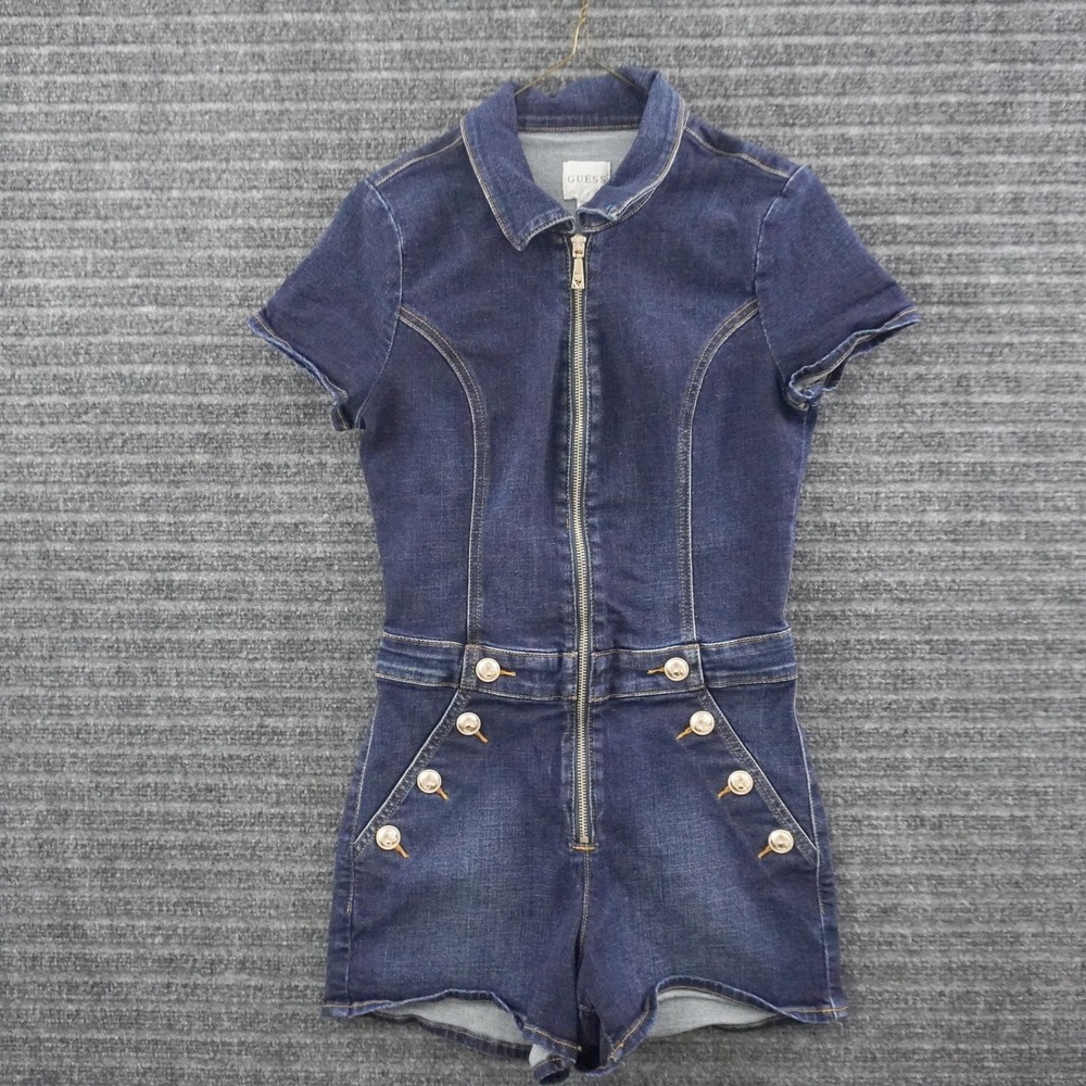 GUESS Romper Womens S Blue Denim Zip Front Sailor Button
